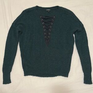 Express Xs Dark Green Crew Neck Sweater with Lace-Up Detail